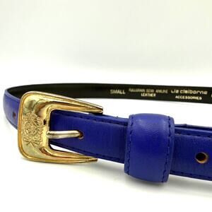 Vintage Liz Claiborne Blue Leather Belt Small Gold Buckle